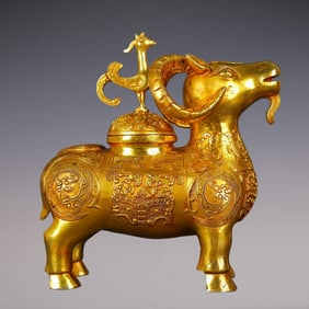 An Exquisite Gilt Bronze Beast-Face Pattern Chi-Dragon Pattern Sheep-Shaped Censer