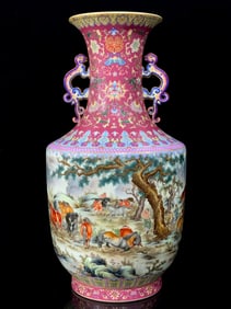 A Exquisite Famille-Rose Ruby Red-Glazed Lotus Pattern Character and Story Pattern Double-Ears Vase