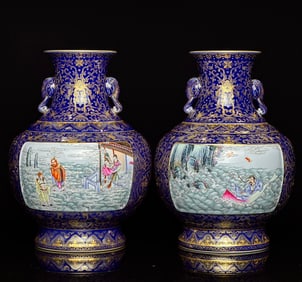 A Exquisite A pair of Ji Blue Glazed Outline in gold Lotus Pattern Character and Story Pattern