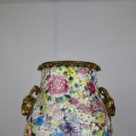 A Exquisite Famille-Rose Inlaid Bronze Flower Pattern Double-Ears Jar
