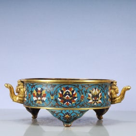 A Exquisite Cloisonne Lotus Pattern Double-Ears and Tripod Censer