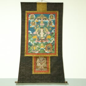 An Exquisite Brocade Painted Color Four-arms Statue of Avalokitesvara Tangka