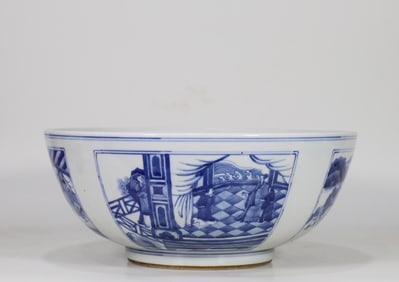 An Exquisite Blue and White Landscape and Figure Pattern Bowl
