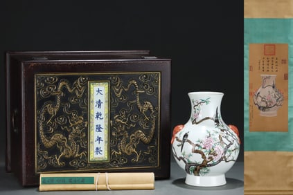 An Exquisite Famille-Rose Painted Gold Flower and Bird Pattern Double-Ears Vase