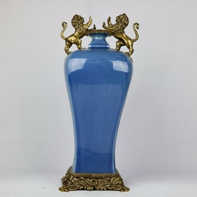 A Exquisite Blue Glazed Inlaid Bronze Double-Ears Vase