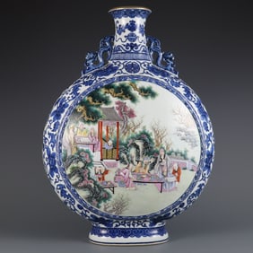 A Exquisite Famille-Rose Blue and White Lotus Pattern Character and Story Pattern Double-Ears Vase