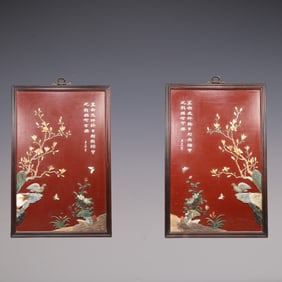A Exquisite A pair of Zitanwood Inlaid Gems Flower and Bird Pattern with poem Hanging Panel