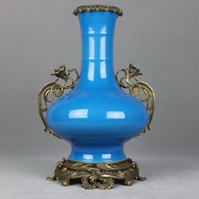 A Exquisite Blue Glazed Inlaid Bronze Double-Ears Vase
