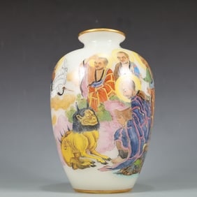 A Exquisite Colored glaze Outline in gold Famille-Rose Character and Story Pattern with poem Vase