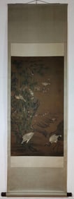 A Chinese Vertical Scroll Ink Painting of Flower and Bird on Silk