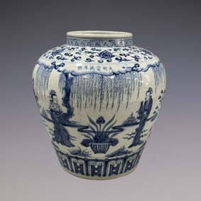 An Exquisite Blue and White Lotus Pattern Character and Story Pattern Jar