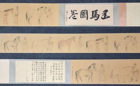 A Chinese Hand Scroll Ink Painting of Character and Story on Silk