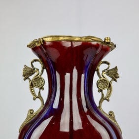 A Exquisite Flambe Glazed Inlaid Bronze Double-Ears Vase