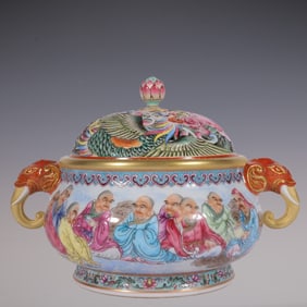 An Exquisite Enamel Flower and Bird Pattern Character and Story Pattern Elephant-Ears Censer