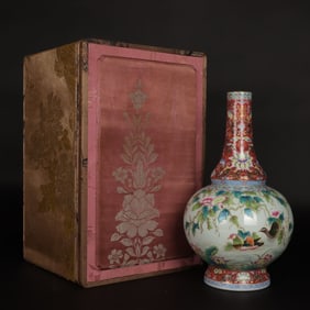 An Exquisite Famille-Rose Ruby Red-Glazed Flower and Bird Pattern with poem Vase