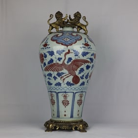 A Exquisite Blue and White Inlaid Bronze Seawater Pattern Lotus Pattern Phoenix Pattern Double-Ears