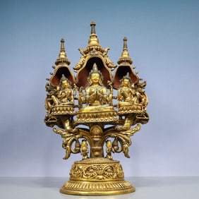 An Exquisite Gilt Bronze Inlaid Gems Statue of Avalokitesvara