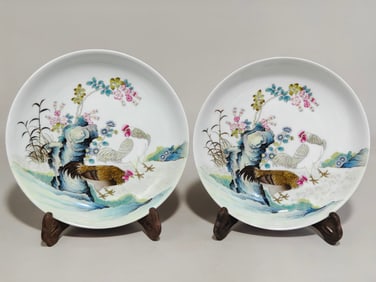 A Exquisite A pair of Famille-Rose Ruby Red-Glazed Flower and Bird Pattern Plate