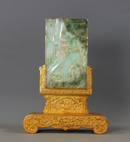 A Exquisite Jadeite Gold wrapped Landscape and Figure Pattern Phoenix Pattern Lotus Pattern Screen