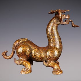 An Exquisite Bronze Inlaid Gold With Inscription Auspicious Beast Ornament