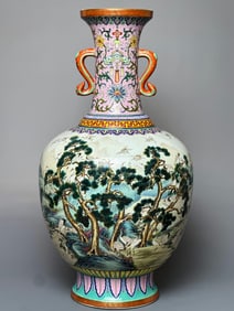 A Exquisite Famille-Rose Lotus Pattern Landscape Pattern Pine and Crane Pattern Double-Ears Vase
