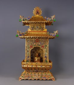 A Exquisite Gilt Bronze Inlaid Gems Buddhist niche