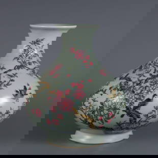 A Exquisite Famille-Rose Celadon Glzed Flower and Bird Pattern with poem Vase: A Exquisite Famille-Rose Celadon Glzed Flower and Bird Pattern with poem Vase Qing Dynasty, China Qianlong Six-character Mark Size:21.6cmx8.2cm&#35910;&#38738;&#37321;&#21152;&#31881;&#24425;&#33457;&
