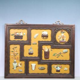 A Exquisite Zitanwood Inlaid Gems Flower and Bird Pattern Hanging Panel
