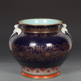 A Exquisite Famille-Rose Ji Blue Glazed Outline in gold Lotus Pattern Double-Ears Jar