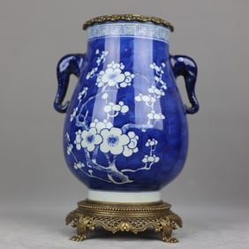 A Exquisite Blue and White Inlaid Bronze Flower Pattern Elephant-Ears Jar