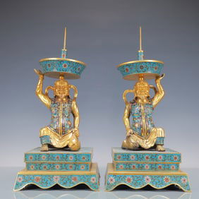 A Exquisite A pair of Cloisonne Lotus Pattern Figures Candlestick