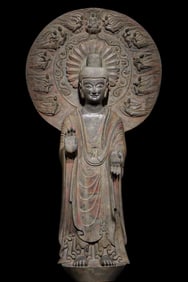 A Fine Limestone carving Painted Color Outline in gold Buddha statue