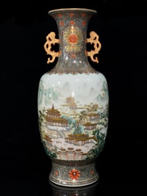 A Exquisite Famille-Rose Iron-Red Outline in gold Lotus Pattern Landscape Pattern Double-Ears with