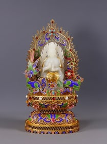 A Exquisite Gilt Bronze Inlaid White Jade Buddha statue