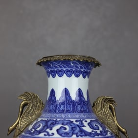 A Exquisite Blue and White Inlaid Bronze Dragon Pattern Seawater Pattern Double-Ears Vase