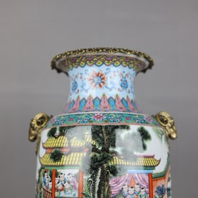 A Exquisite Famille-Rose Inlaid Bronze Lotus Pattern Character and Story Pattern Double-Ears Vase