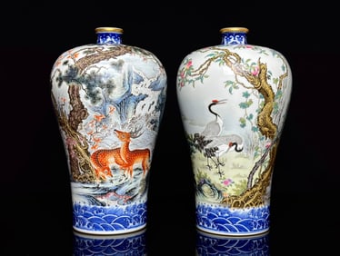 A Exquisite A pair of Famille-Rose Blue and White Seawater Pattern Pine and Crane Pattern Sika Deer