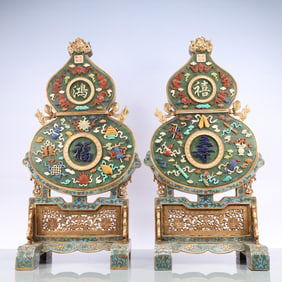 A Exquisite A pair of Cloisonne Lotus Pattern Eight Treasures Pattern with poem Gourd-Shaped Screen