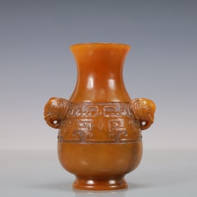 A Exquisite Shoushan Stone Beast-Face Pattern Elephant-Ears Vase