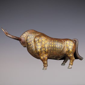 An Exquisite Bronze Inlaid Gold With Inscription Buffalo Ornament
