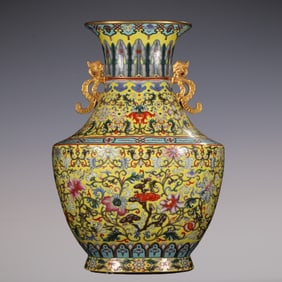 An Exquisite Famille-Rose Lotus Pattern Double-Ears Vase
