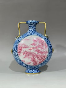 A Exquisite Enamel Blue and White Flower Pattern Landscape Pattern Double-Ears Vase