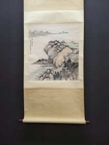 A Chinese Vertical Scroll Ink Painting of Landscape on Paper