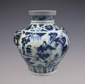 An Exquisite Blue and White Lotus Pattern Character and Story Pattern Double-Ears Jar