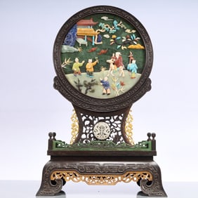 A Exquisite Zitanwood Inlaid Gems Bats and Peach Pattern Landscape and Figure Pattern Screen