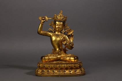 A Rare Copper Gilt Manjushri Bodhisattva Tibetan Buddhist Statue Ornament