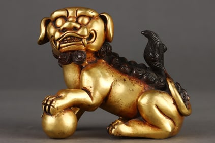 A Rare Red copper body gilt lion and hydrangea ornament