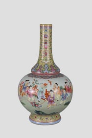 A Rare Famille Rose Yellow-Ground Gold-Traced Intertwined Lotus Figure Pattern Vase