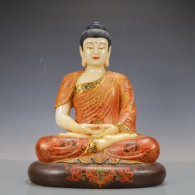 A Rare White Marble Mineral Paint Three Jewels Buddha