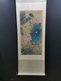 A Chinese Vertical Scroll Ink Painting of Lotus on Paper